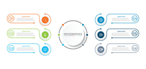 Modern infographic template. Creative circle element design with marketing icons. Business concept with 6 options, steps, sections.
