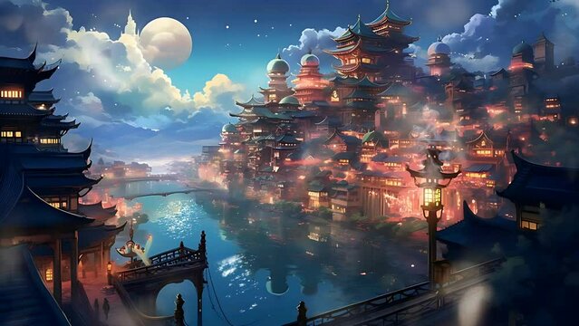 Fantasy lovely anime cityscape. Mountain Village with sparkling river and shooting stars. Big moon. Seamless loop 4k animation