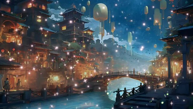 Fantasy lovely anime cityscape. Mountain Village with sparkling lake and shooting stars. Milky way sky and star trail. Seamless loop 4k animation. Fireflies effect