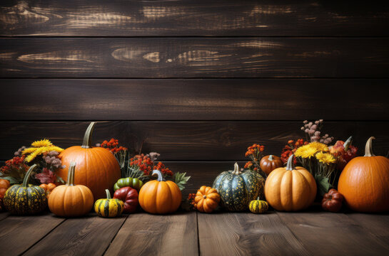 Pumpkins, gourds and autumn halloween vegetables on wooden background with copy space - generative ai