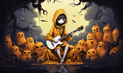 Girl playing a guitar surrounded by little pumpkins monsters. Halloween. Dream and fantasy scene - generative ai