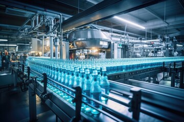 Naklejka premium Process of beverage manufacturing on a conveyor belt at a factory.