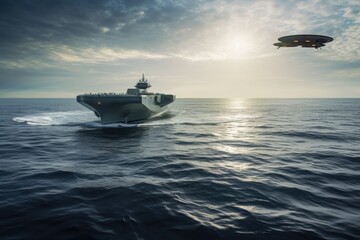 Fototapeta na wymiar Water drone near a large military ship