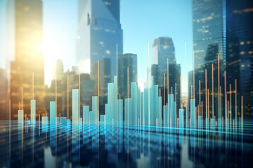 digital bar chart with a city scape in the background, finance district, stocks concept