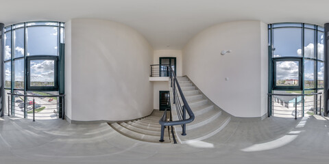 hdri 360 panorama view in empty modern hall near panoramic windows with columns, staircase and...