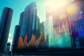 digital bar chart with a city scape in the background, finance district, stocks concept