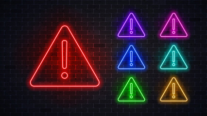 Neon glowing warning icon. Vector illustration - obrazy, fototapety, plakaty