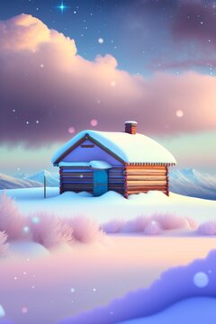 snowy day with wooden hut clouds in th background snowfalling soft colors 