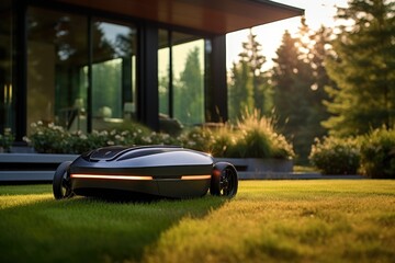 Sunny scene featuring a robotic lawn mower in action. - obrazy, fototapety, plakaty