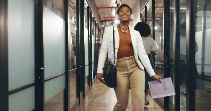 Greeting, music and dance with business woman in office for happy, funny and creative. Streaming, freedom and celebration with african employee and fist bump in agency for startup, comedy and relax