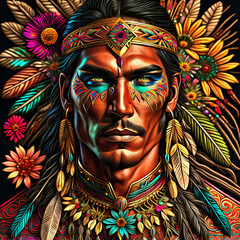 Western Wilderness man, Indigenous American, Illustration, trendy wildflower botanical elements, enclosed garden, vibrant colors, metallic thread.