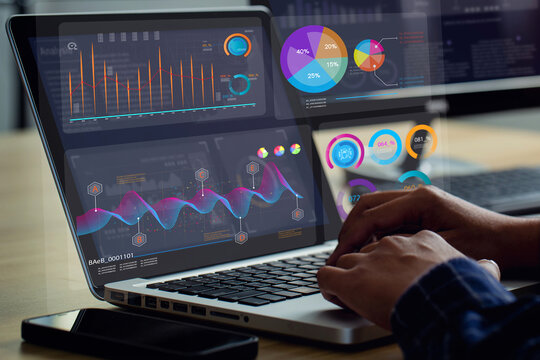 Analyst uses a laptop Showing business analytics dashboard with charts, metrics, and KPI to analyze performance and create insight reports for operations management.Data analysis.sales, marketing.Ai