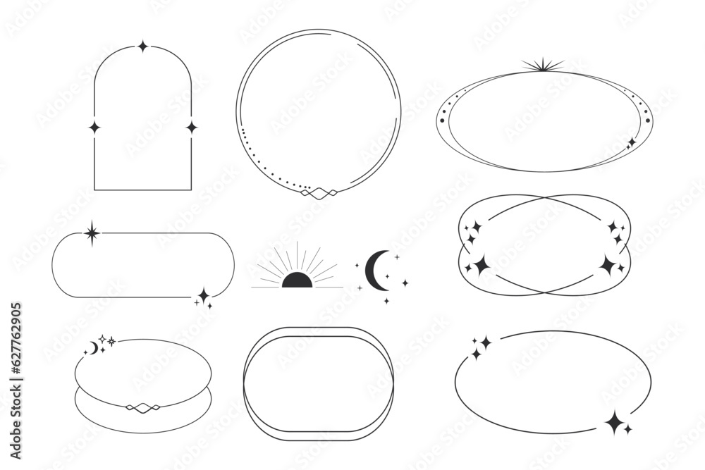 Wall mural set celestial frames, borders line art esoteric minimal decoration with sparkles isolated on wite ba