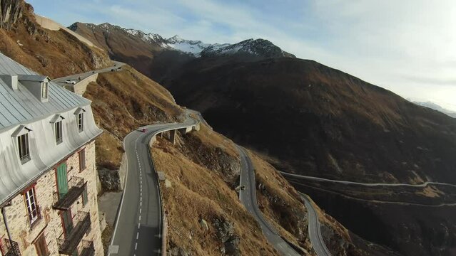 Aerial View of Hotel Belvedere, Furka Pass in Wallis - Switzerland 