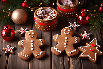 Homemade Christmas Dessert Gingerbread Man and Woman, Fir, Stars, and Christmas Cookies Composition on Vintage Wooden Table Background. created with Generative AI