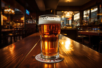 Beer glass or pint of beer on a coaster at a bar counter. Wide-angle shot