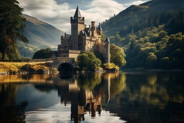 Picturesque Castle Overlooking a Serene OLake, Generative AI