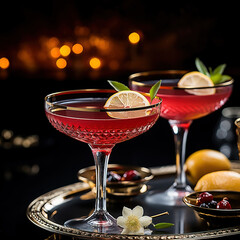 Two Cosmopolitan cocktails in two glass goblets on a very elegant metal tray against a black background with textured lights