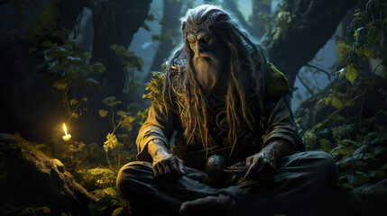 High Fantasy Character: An epic portrait of a powerful druid in the forest