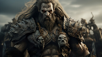 Fototapeta premium High Fantasy Character: An epic portrait of a muscular orcish barbarian leading warrior to battle