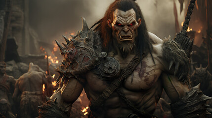 High Fantasy Character: An epic portrait of a muscular orcish barbarian leading warrior to battle