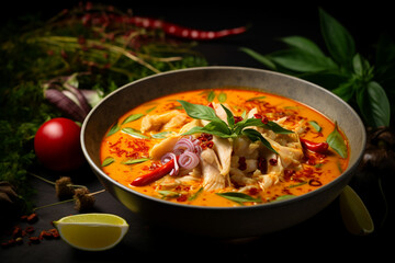 Tom Yum traditional Thai soup on a black background