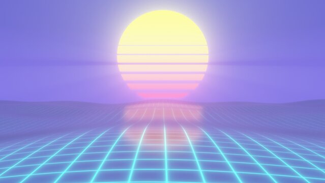 Retro Synthwave 80s Sun Above Wireframe Grid Neon Glowing Ocean Waves - Abstract Background Texture