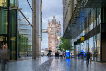 London street with Tower Bridge in evening time. Long exposure.