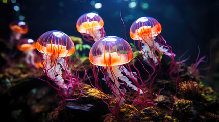 Fototapeta na wymiar Jellyfish in an aquarium, in the style of dark indigo. Generative AI