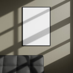 Mockup vertical black posters frame on wall in modern interior background, living room window shadow.