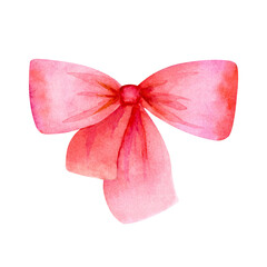 Watercolor pink bow isolated on a white background.