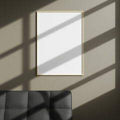 Mockup vertical wooden posters frame on wall in modern interior background, living room window shadow.