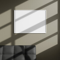 Mockup horizontal white posters frame on wall in modern interior background, living room window shadow.