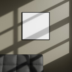 Mockup square black posters frame on wall in modern interior background, living room window shadow.