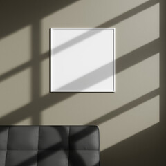 Mockup square white posters frame on wall in modern interior background, living room window shadow.