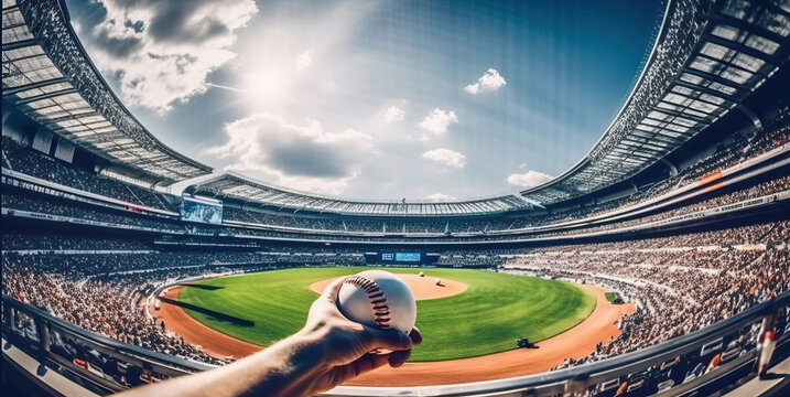 Photo of a hand holding a baseball in a stadium
