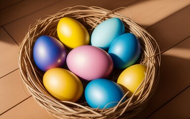 Easter eggs in a basket, generative ai