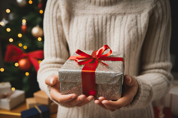 Festive Christmas Joy Stylish Woman Holding Wrapped Gift with Red Bow in Cozy Knitted Sweater. Merry Christmas. created with Generative AI
