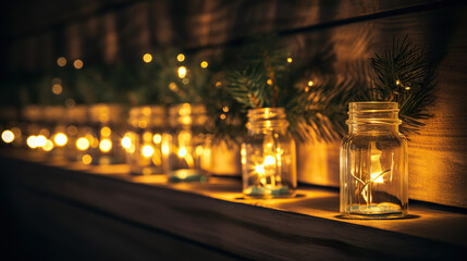 Christmas Magic Electric Garland with Warm-Toned Lights and Little Christmas Tree on Wooden Board Wall. created with Generative AI