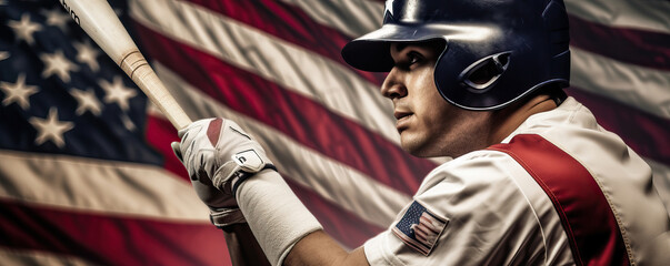 Photo of a baseball player holding a bat in front of an American flag