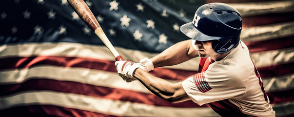 Photo of a baseball player swinging a bat in front of an American flag - obrazy, fototapety, plakaty