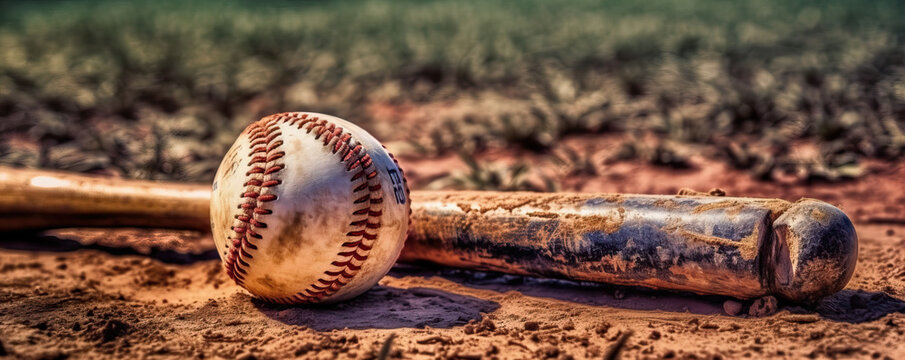 Photo of a baseball bat and ball on a dirt field