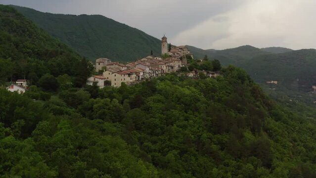 Aerial view of Greccio , small village in the mountains in Rieti Italy