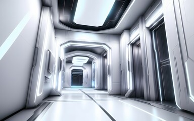 Modern futuristic interior, space station corridor, generative ai