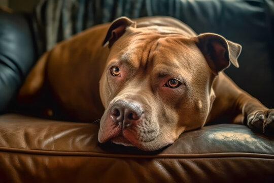 American Pit Bull Terrier dog lying on a couch with head down