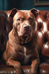 American Pit Bull Terrier dog lying on couch looking forward