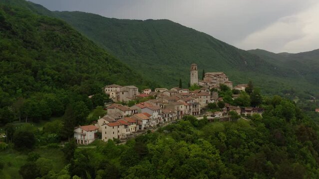Aerial view of Greccio , small village in the mountains in Rieti Italy