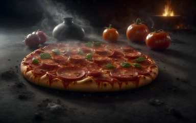 Foto op Plexiglas Pizza with tomatoes and basil, generative ai © POLEX