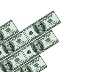 US hundred dollar bills arranged diagonally on a white background.