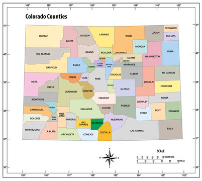 Colorado state outline administrative and political vector map in color